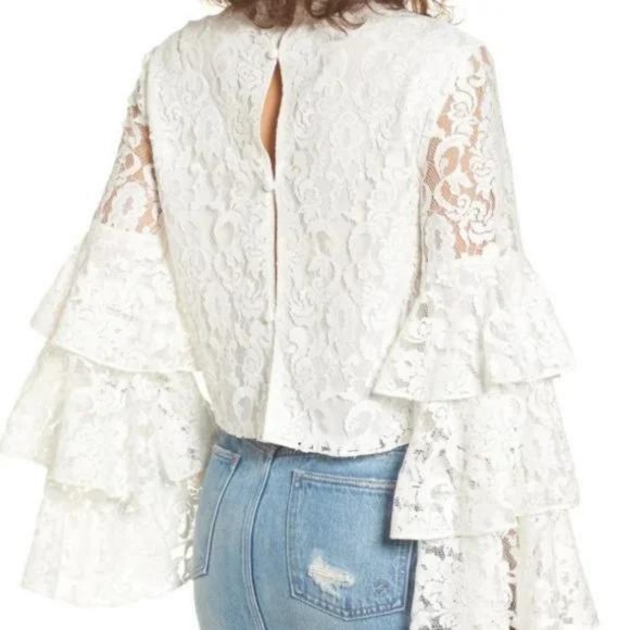 Leith Women's White Lace Button Back Ruffle Bell Sleeve Mock Neck Cropped Top - Picture 2 of 4